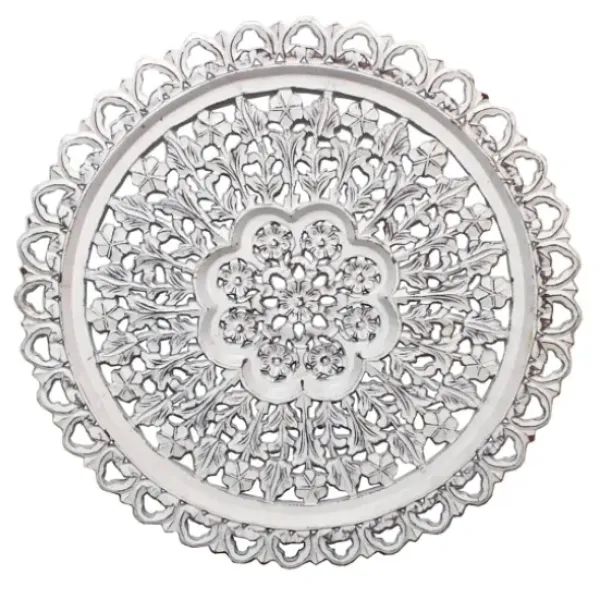 Wall Plaques-Kirkland's Home Round Distressed Wood Carved Wall Plaque White