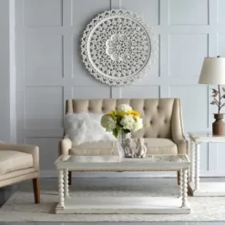Wall Plaques-Kirkland's Home Round Distressed Wood Carved Wall Plaque White