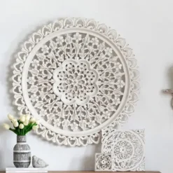 Wall Plaques-Kirkland's Home Round Distressed Wood Carved Wall Plaque White