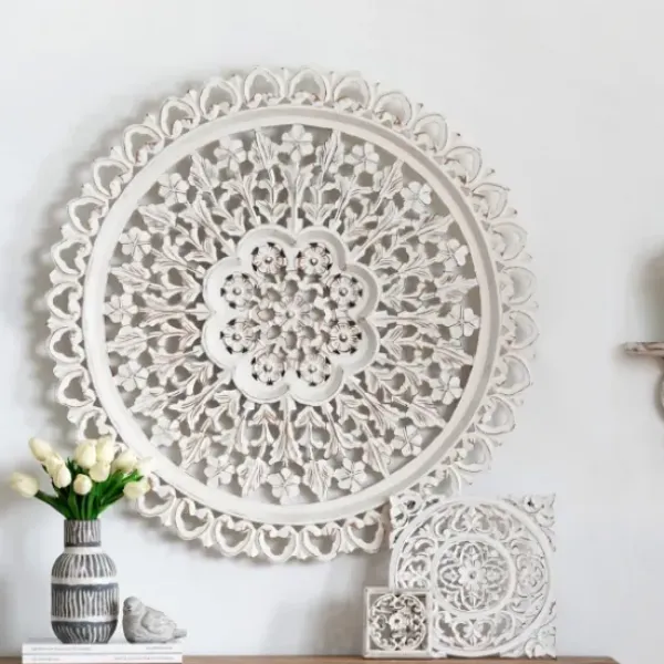 Wall Plaques-Kirkland's Home Round Distressed Wood Carved Wall Plaque White