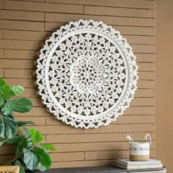 Wall Plaques-Kirkland's Home Round Distressed Wood Carved Wall Plaque White