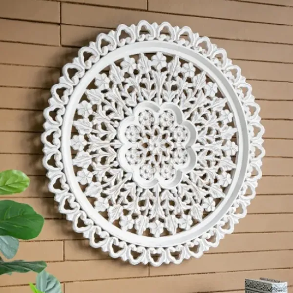 Wall Plaques-Kirkland's Home Round Distressed Wood Carved Wall Plaque White
