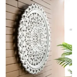 Wall Plaques-Kirkland's Home Round Distressed Wood Carved Wall Plaque White