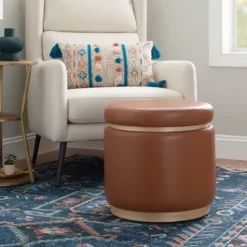 Benches & Ottomans-Kirkland's Home Round Faux Leather Storage Ottoman Brown