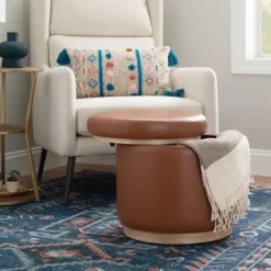 Benches & Ottomans-Kirkland's Home Round Faux Leather Storage Ottoman Brown