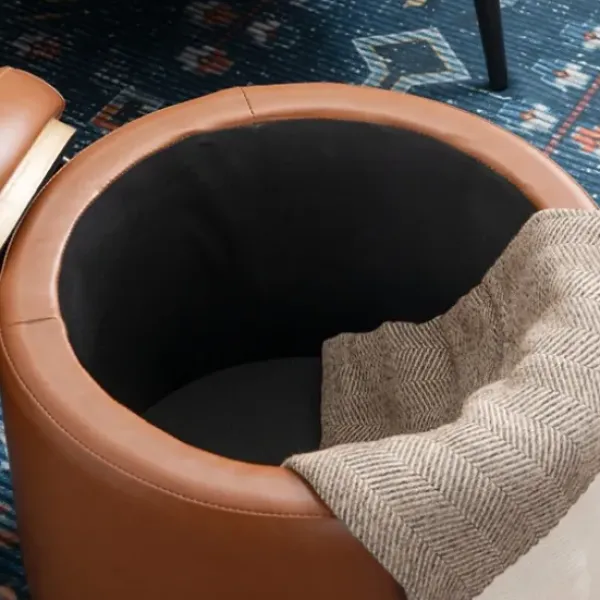 Benches & Ottomans-Kirkland's Home Round Faux Leather Storage Ottoman Brown