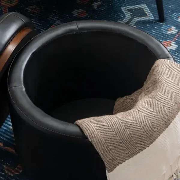 Benches & Ottomans-Kirkland's Home Round Faux Leather Storage Ottoman Black