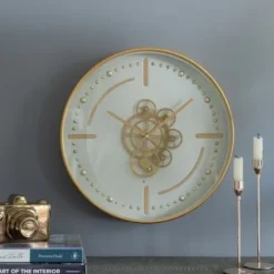 Clocks-Kirkland's Home Round Gold Gears Wall Clock Gold/White