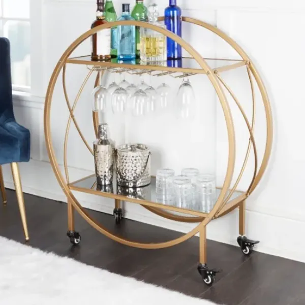 Kitchen Islands & Bar Carts-Kirkland's Home Round Gold Mirrored Shelves Bar Cart
