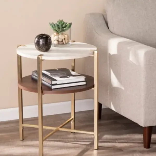 Accent & End Tables-Kirkland's Home Round Gold 2-Tier Accent Table White