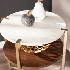Accent & End Tables-Kirkland's Home Round Gold 2-Tier Accent Table White