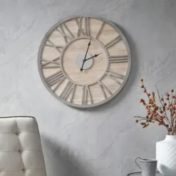 Clocks-Kirkland's Home Round Gray And Natural Wooden Wall Clock