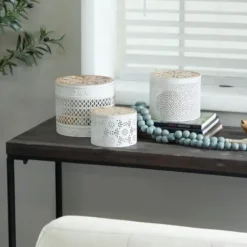 Baskets & Boxes-Kirkland's Home Round Intricate Laser Cut Boxes, Set Of 3 White