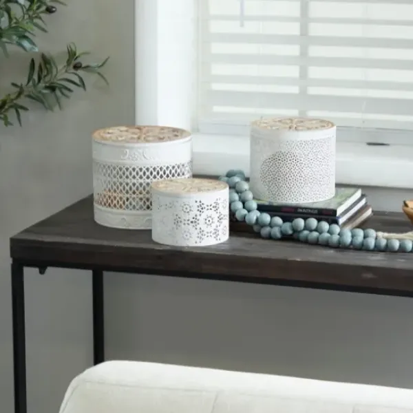 Baskets & Boxes-Kirkland's Home Round Intricate Laser Cut Boxes, Set Of 3 White
