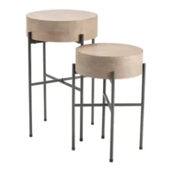 Accent & End Tables-Kirkland's Home Round Light Wood And Metal Accent Tables, Set Of 2 Tan