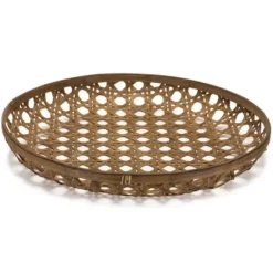 Decorative Trays-Kirkland's Home Round Mango Wood Tray With Leather Handles Brown