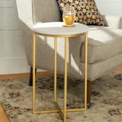 Accent & End Tables-Kirkland's Home Round Marble And Gold Accent Table White