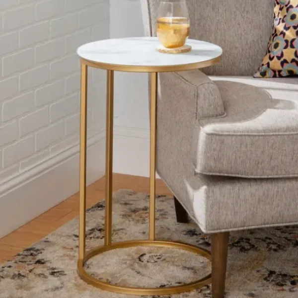 Accent & End Tables-Kirkland's Home Round Marble And Gold C-Table White