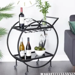 Kitchen Islands & Bar Carts-Kirkland's Home Round Metal And Glass 2-Ter Bar Cart Black
