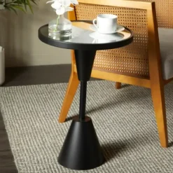 Accent & End Tables-Kirkland's Home Round Metal Mirrored Top Side Table Black