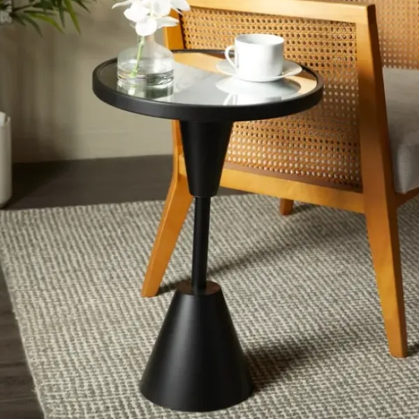 Accent & End Tables-Kirkland's Home Round Metal Mirrored Top Side Table Black