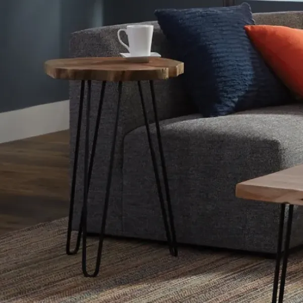 Accent & End Tables-Kirkland's Home Round Natural Live Edge Hairpin Legs Accent Table Tan/Black