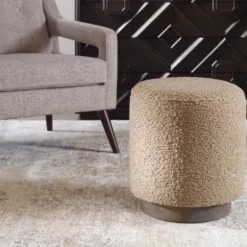 Benches & Ottomans-Kirkland's Home Round Oatmeal Boucle Ottoman Tan