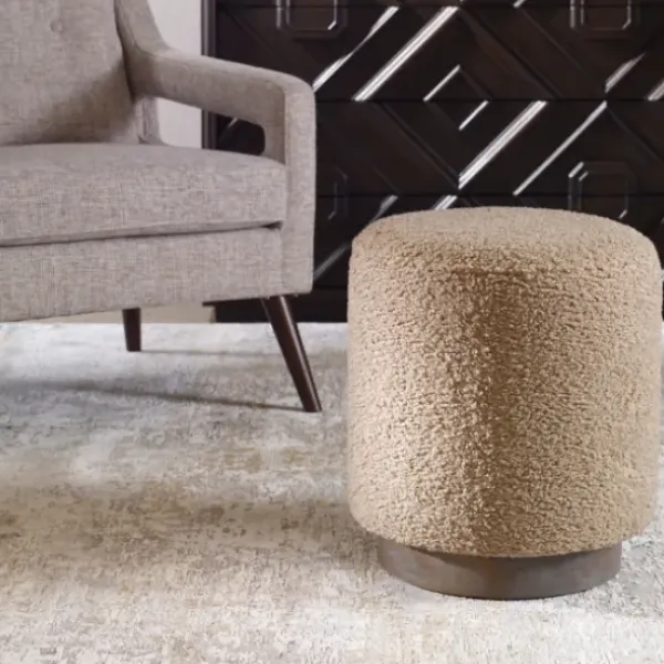 Benches & Ottomans-Kirkland's Home Round Oatmeal Boucle Ottoman Tan