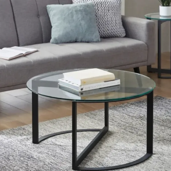 Coffee Tables-Kirkland's Home Round Tempered Glass Hourglass Base Coffee Table Black