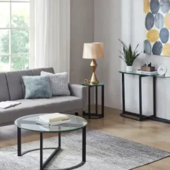 Coffee Tables-Kirkland's Home Round Tempered Glass Hourglass Base Coffee Table Black