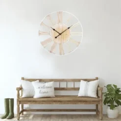 Clocks-Kirkland's Home Round White Metal And Wood Wall Clock
