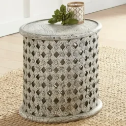 Accent & End Tables-Kirkland's Home Round White Wood Lattice Accent Table