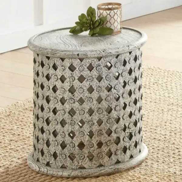 Accent & End Tables-Kirkland's Home Round White Wood Lattice Accent Table