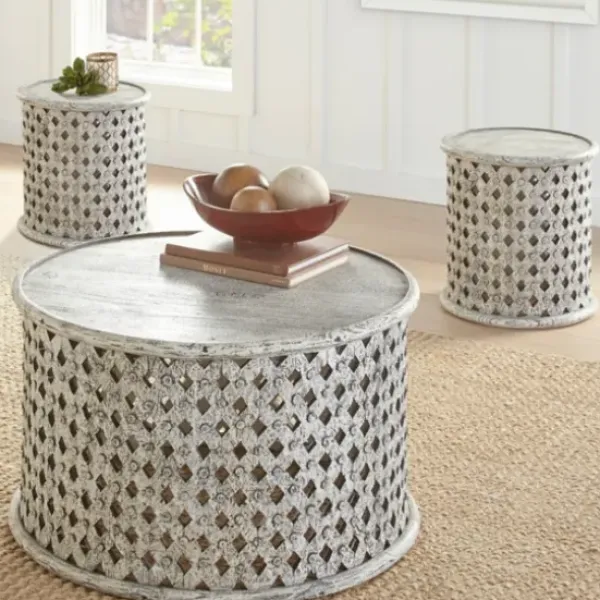 Accent & End Tables-Kirkland's Home Round White Wood Lattice Accent Table