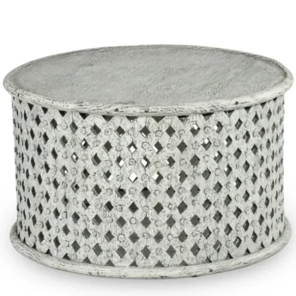 Coffee Tables-Kirkland's Home Round White Wood Lattice Coffee Table
