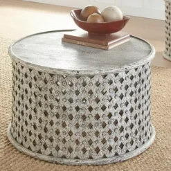 Coffee Tables-Kirkland's Home Round White Wood Lattice Coffee Table