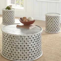Coffee Tables-Kirkland's Home Round White Wood Lattice Coffee Table