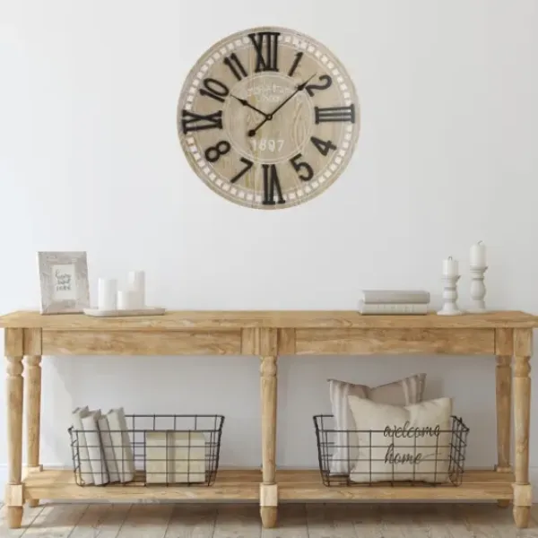 Clocks-Kirkland's Home Round Whitewashed Wood Wall Clock