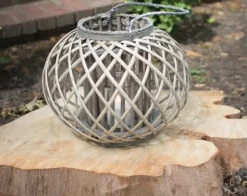 Lanterns-Kirkland's Home Round Willow Lantern With Glass Pillar Gray