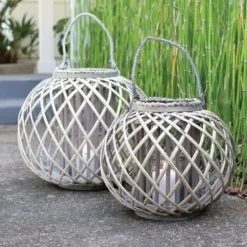 Lanterns-Kirkland's Home Round Willow Woven Lantern Gray/Tan