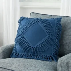 Pillows-Kirkland's Home Royal Diamond Fringe Throw Pillow Blue