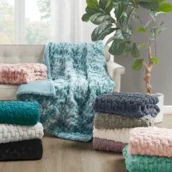 Blankets & Throws-Kirkland's Home Ruched Faux Fur Throw Gray