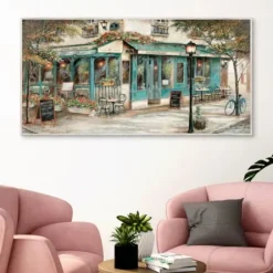 Framed Art-Kirkland's Home Rue Du Jardin Corner Bistro Framed Wall Art Tan/Blue/Green