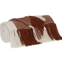 Blankets & Throws-Kirkland's Home Rust Chalet Striped Fringe Throw Red/White