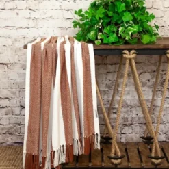 Blankets & Throws-Kirkland's Home Rust Chalet Striped Fringe Throw Red/White