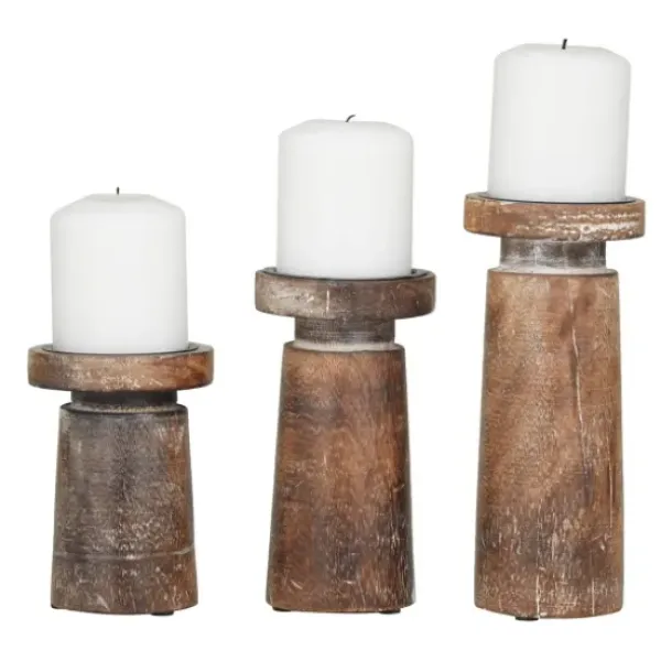 Candle Holders-Kirkland's Home Rust Rustic Mango Wood 3-Pc. Candle Holder Set White/Brown
