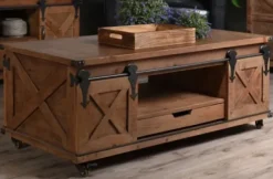 Coffee Tables-Kirkland's Home Rustic Fir Wood Rolling Barn Door Coffee Table Tan