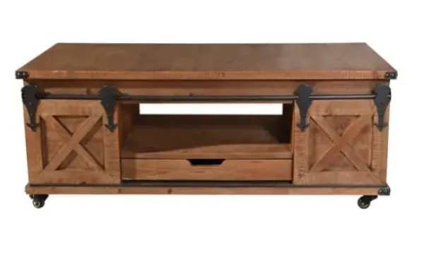 Coffee Tables-Kirkland's Home Rustic Fir Wood Rolling Barn Door Coffee Table Tan