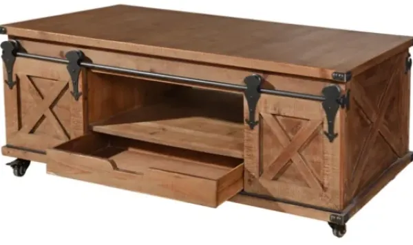 Coffee Tables-Kirkland's Home Rustic Fir Wood Rolling Barn Door Coffee Table Tan