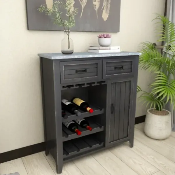 Cabinets & Sideboards-Kirkland's Home Rustic Galvanized Top Wine Cabinet Black